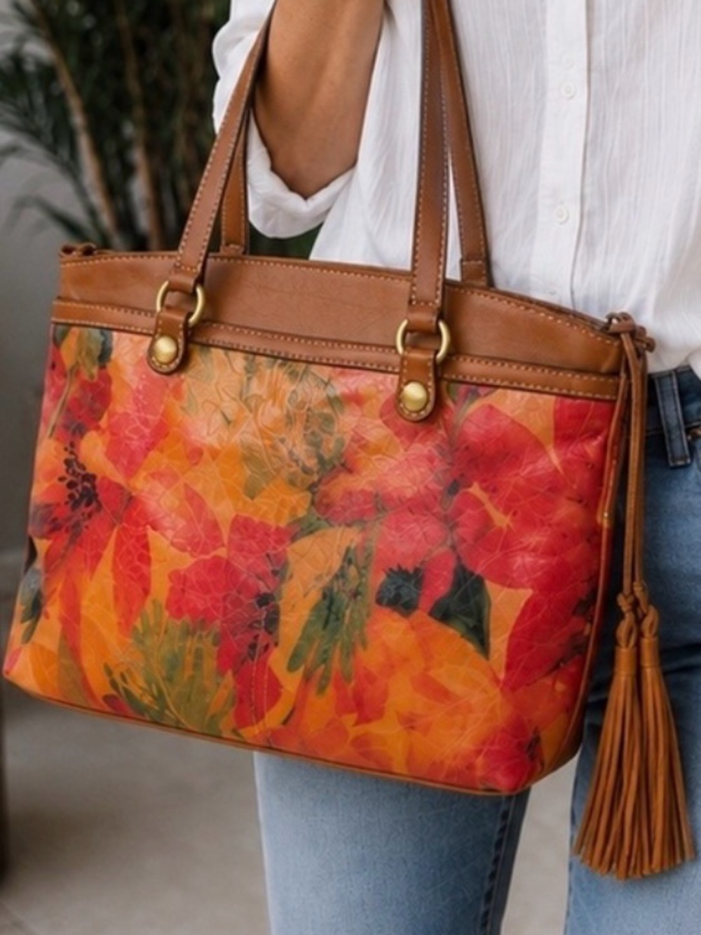 Patricia Nash Floral Leather Tote Shoulder Bag Tassel Multicolor Brown